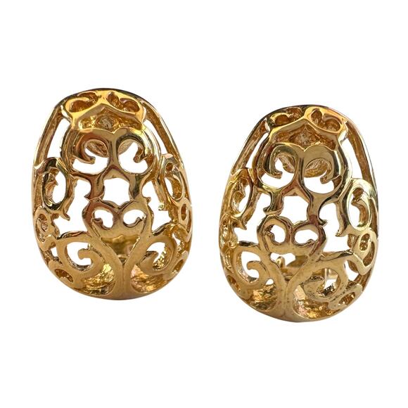 Yves Saint Laurent Logo Arabesque Pattern Gold Plate Engraved Earrings - Clip On - Picture 1 of 10